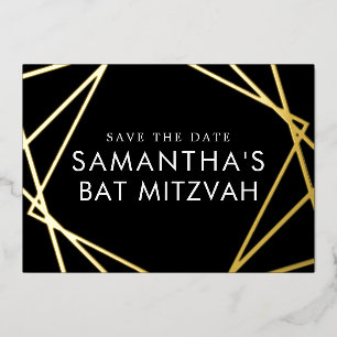 Invitación Con Relieve Metalizado Oro Negro Bate de Mitzvah Geométrico Salva la Fech