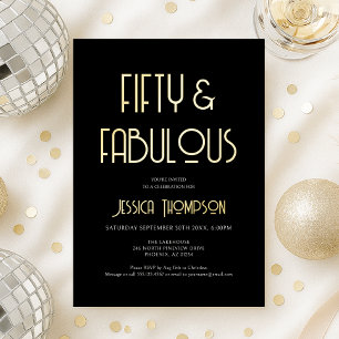 Invitación Con Relieve Metalizado Oro Negro Cincuenta y Fabuloso Moderno Cumpleaños