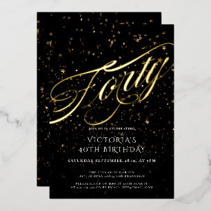 Invitación Con Relieve Metalizado Oro Negro Cuarenta Confeti Elegante Cumpleaños 40