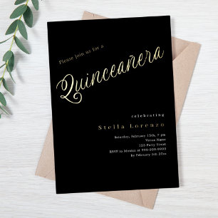 Invitación Con Relieve Metalizado Oro negro elegante guion Quinceanera
