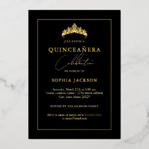Invitación Con Relieve Metalizado Oro Negro Elegante Quinceañera 15 
