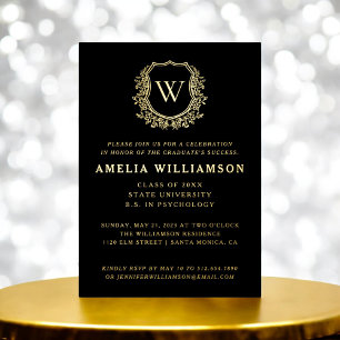 Invitación Con Relieve Metalizado Oro Negro Fiesta de Graduación con Monograma Crest