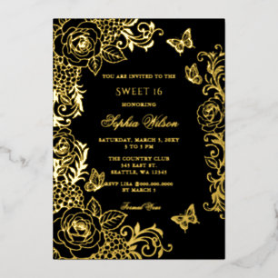 Invitación Con Relieve Metalizado Oro Negro Floral Mariposa Dulces 16