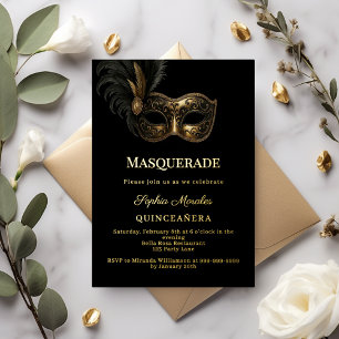 Invitación Con Relieve Metalizado Oro negro lujo Masquerade Quinceañera