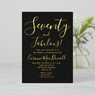 Invitación Con Relieve Metalizado Oro Negro Setenta y Fabuloso Cumpleaños 70