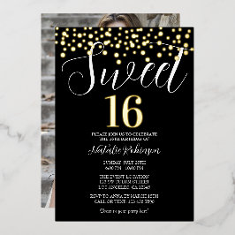 Invitación Con Relieve Metalizado Oro negro y dulce blanco 16 confetti con foto