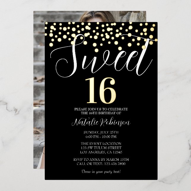 Invitación Con Relieve Metalizado Oro negro y dulce blanco 16 confetti con foto (Anverso/Reverso)