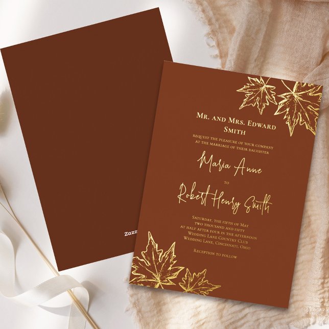 Invitación Con Relieve Metalizado Oro Personalizado de boda elegante de otoño (Gold foil fall leaves elegant wedding invitation.)