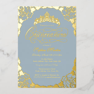 Invitación Con Relieve Metalizado Oro Polvo Azul Elegante Escritura Quinceañera