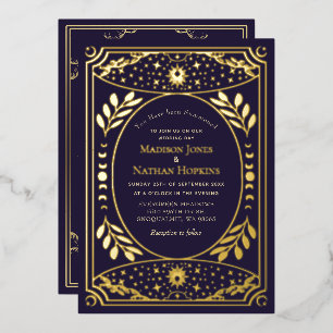 Invitación Con Relieve Metalizado Oro & Púrpura Tarot Vintage Gótico Boda Hoja