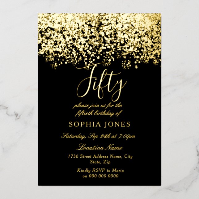 Invitación Con Relieve Metalizado Oro Purpurina Black 50th Birthday Party Gold (Anverso)