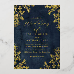 Invitación Con Relieve Metalizado Oro Real de Hoja de Naval Floral Encaje Escritura