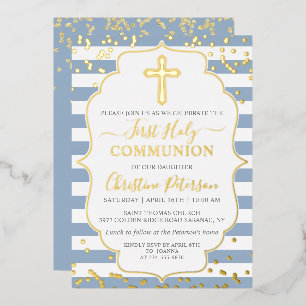 Invitación Con Relieve Metalizado Oro Real de Hoja Polvo Azul Rayas Primera Comunión