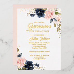 Invitación Con Relieve Metalizado ORO REAL DE HOJALATA Rosa Naval Floral Quinceañera