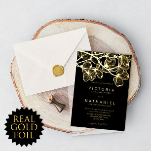 Invitación Con Relieve Metalizado Oro Real Floral Minimalista Elegante para Boda de