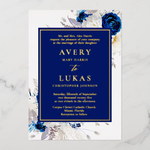 Invitación Con Relieve Metalizado Oro Real Flores Azules y Blancas Modernas de Boda