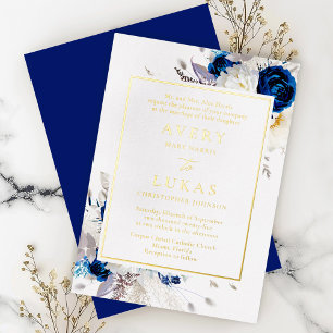 Invitación Con Relieve Metalizado Oro Real Flores Azules y Blancas Modernas de Boda