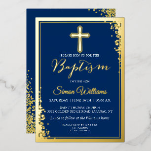 Invitación Con Relieve Metalizado Oro Real Hoja Brillo Azul Marino Bautizo Niño