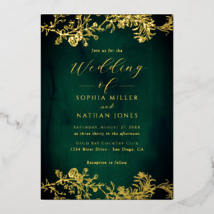 Invitación Con Relieve Metalizado Oro Real Hoja Floral Encaje Escritura Esmeralda Bo