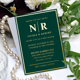 Invitación Con Relieve Metalizado Oro Real Hoja Monograma Moderno de Boda Elegante