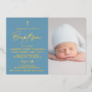 Invitación Con Relieve Metalizado Oro Real Hojas de polvo azul Baby Niño Foto Bautiz