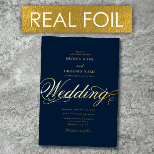 Invitación Con Relieve Metalizado Oro Real Hojas Elegante Clásico Lujo Azul Marino B