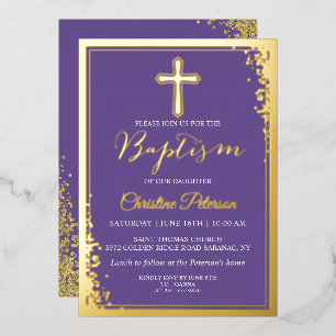 Invitación Con Relieve Metalizado Oro Real Laminado Purpura Lavanda Bautizo