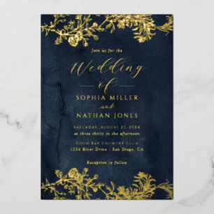 Invitación Con Relieve Metalizado Oro Real Lazo Floral de Hoja de Escritura Boda Mar