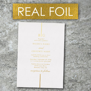 Invitación Con Relieve Metalizado Oro Real Minimalista Monograma Elegante Boda