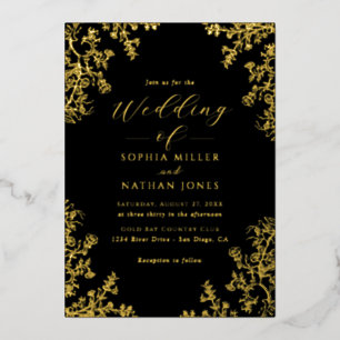 Invitación Con Relieve Metalizado Oro Real Papel de Aluminio Negro Encaje Floral Gui