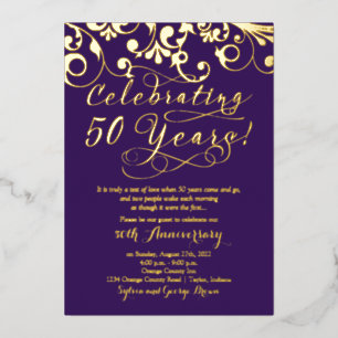 Invitación Con Relieve Metalizado Oro Real Púrpura 50º Aniversario de Boda
