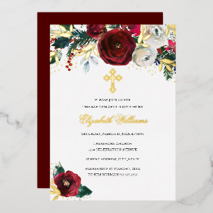 Invitación Con Relieve Metalizado Oro Rojo Bautizo De Navidad Floral Bautizo De Niña