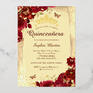 Invitación Con Relieve Metalizado Oro Rojo Floral Elegante Mariposa Quinceañera