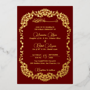 Invitación Con Relieve Metalizado Oro Rojo Floral Paisley Musulmán Boda Artística