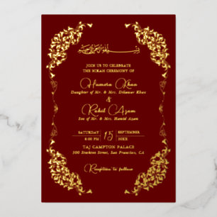 Invitación Con Relieve Metalizado Oro Rojo Floral Paisley Musulmán Boda Artística