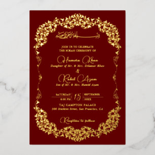 Invitación Con Relieve Metalizado Oro Rojo Floral Paisley Musulmán Boda Artística