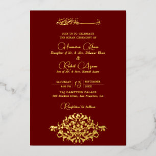 Invitación Con Relieve Metalizado Oro Rojo Floral Paisley Musulmán Boda Artística