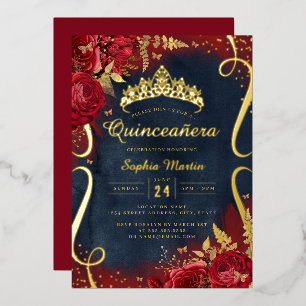 Invitación Con Relieve Metalizado Oro Rojo Naval Floral Scroll Quinceanera