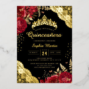 Invitación Con Relieve Metalizado Oro Rojo Negro Floral Encaje Quinceañera
