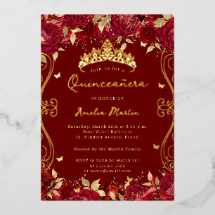 Invitación Con Relieve Metalizado Oro Rojo Rubí Remolino Pergamino Floral Quinceañer