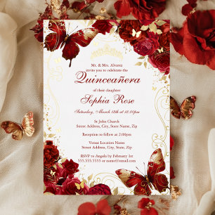 Invitación Con Relieve Metalizado Oro Rojo Vintage Mariposa Floral Quinceanera