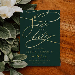 Invitación Con Relieve Metalizado Oro Romántico con Caligrafía en Hoja Verde para An