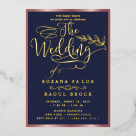 Invitación Con Relieve Metalizado Oro Romántico con Hoja | Boda con Marco Azul Marin