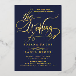 Invitación Con Relieve Metalizado Oro Romántico con Hoja | Boda con Marco Azul Marin