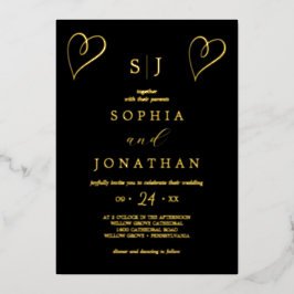 Invitación Con Relieve Metalizado Oro Romántico con Hoja | Boda de Monograma Negro