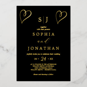 Invitación Con Relieve Metalizado Oro Romántico con Hoja Boda de Monograma Negro