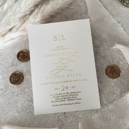 Invitación Con Relieve Metalizado Oro Romántico con Hojas | Boda de Monograma Marfil