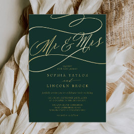 Invitación Con Relieve Metalizado Oro Romántico con Hojas | Boda Esmeralda Sr y Sra