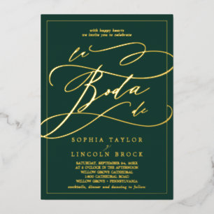 Invitación Con Relieve Metalizado Oro Romántico con Hojas Marco de Esmeralda La Bo