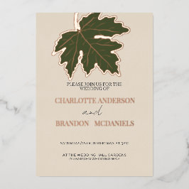 Invitación Con Relieve Metalizado Oro Rosa Boda de hoja de arce verde otoño